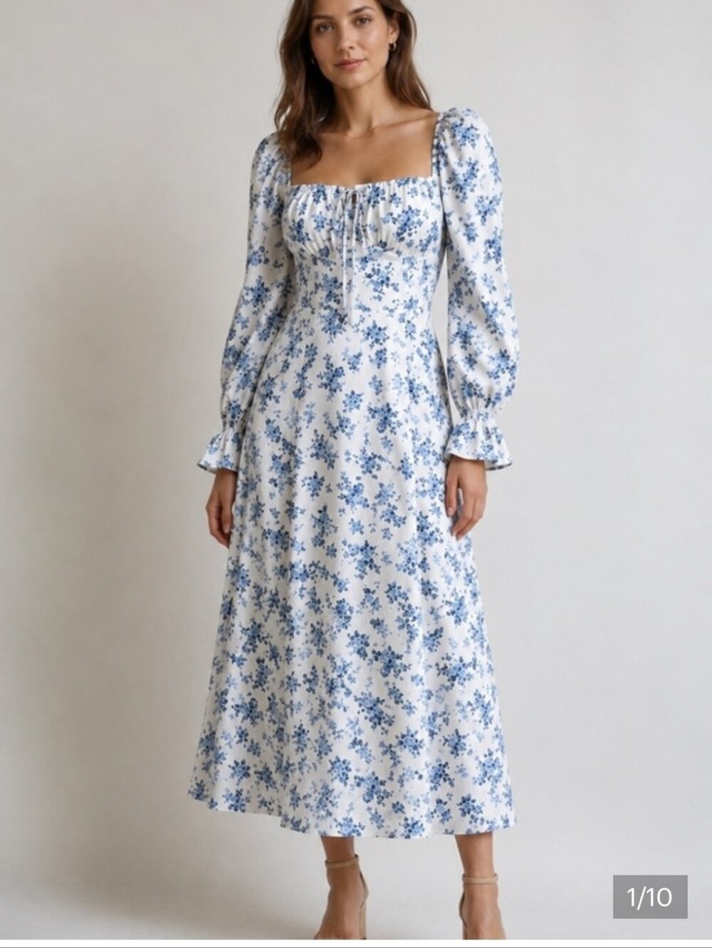 Blue Floral Peasant Bohemian Midi Dress Long Puffs Sleeves Cottagecore Milkmaid